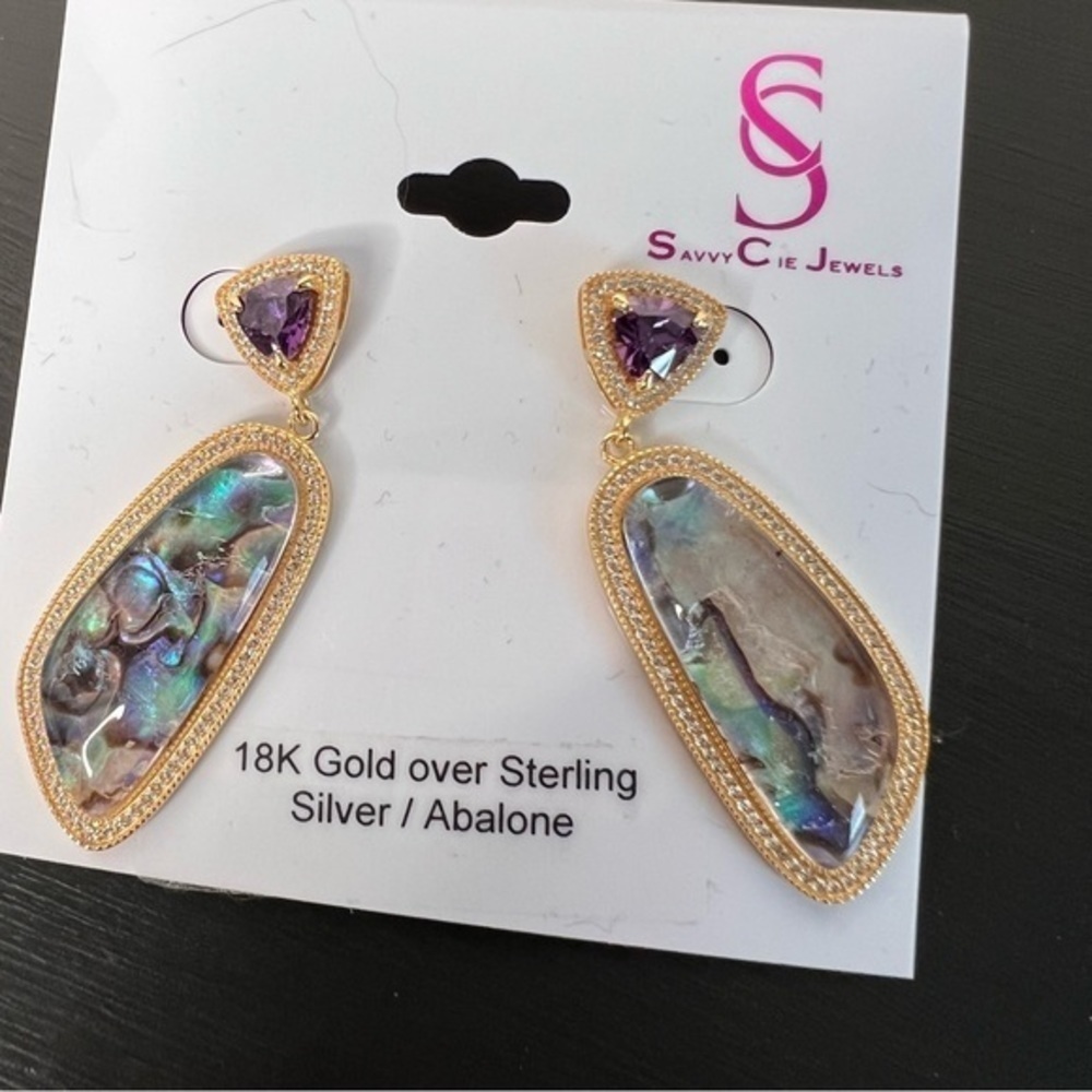 Savvy Cie Abalone 14k gold plated drop earrings NWT - Picture 3 of 7